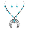 Women's Western Style Statement Squash Blossom Pendant With Turquoise Stone And Vegan Suede Necklace Earrings Set, 18"+3" Extender