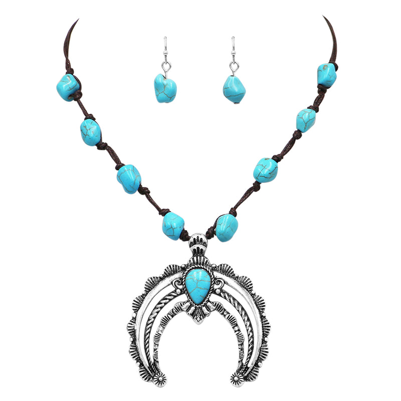 Women's Western Style Statement Squash Blossom Pendant With Turquoise Stone And Vegan Suede Necklace Earrings Set, 18"+3" Extender