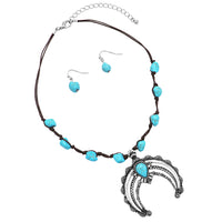 Women's Western Style Statement Squash Blossom Pendant With Turquoise Stone And Vegan Suede Necklace Earrings Set, 18"+3" Extender