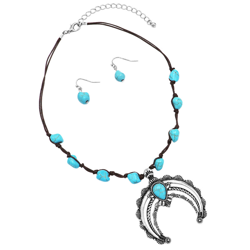 Women's Western Style Statement Squash Blossom Pendant With Turquoise Stone And Vegan Suede Necklace Earrings Set, 18"+3" Extender