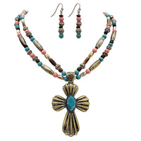 Cowgirl Chic Statement Western Style Christian Cross Pendant On Semi Precious Howlite Stone And Wood Beaded Necklace Earrings Gift Set,18"+3" Extension