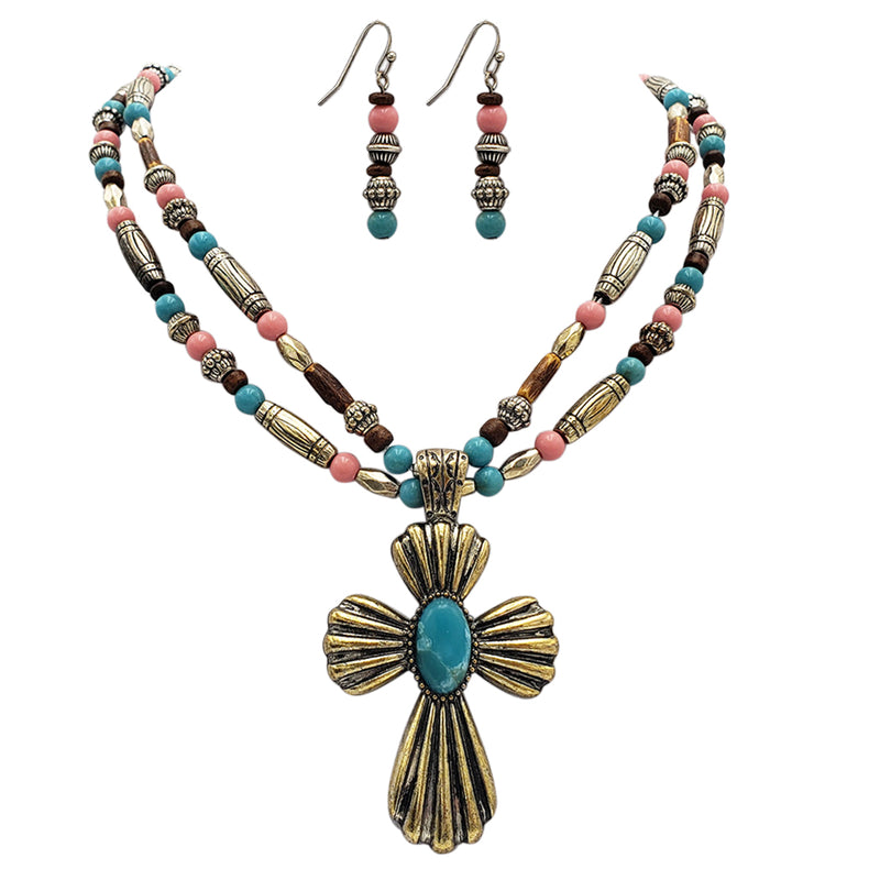 Cowgirl Chic Statement Western Style Christian Cross Pendant On Semi Precious Howlite Stone And Wood Beaded Necklace Earrings Gift Set,18"+3" Extension