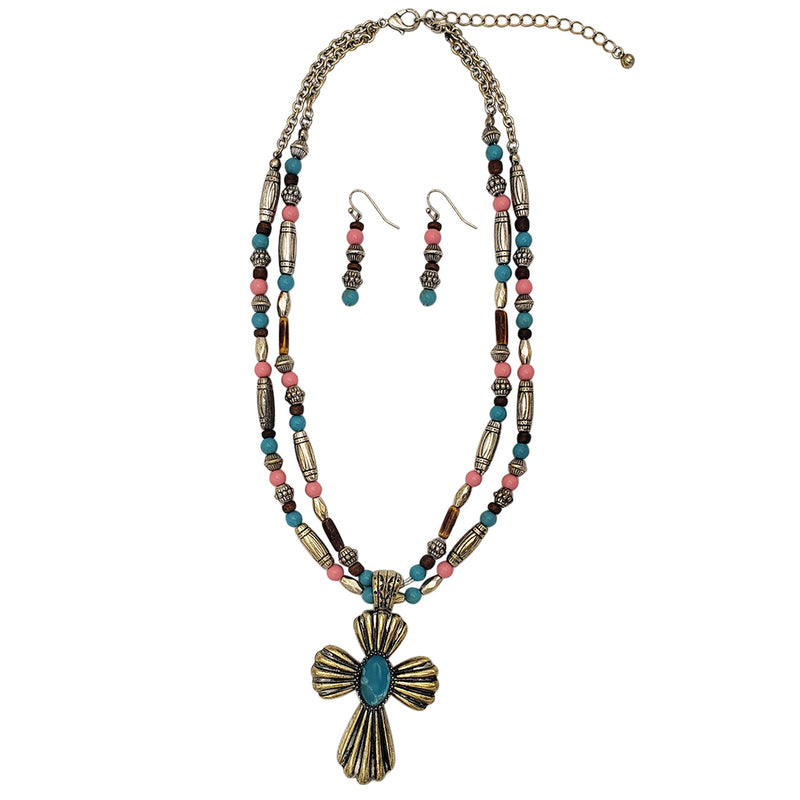 Cowgirl Chic Statement Western Style Christian Cross Pendant On Semi Precious Howlite Stone And Wood Beaded Necklace Earrings Gift Set,18"+3" Extension