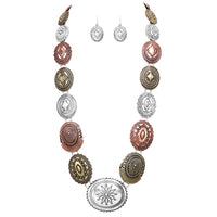 Cowgirl Chic Statement Western Tri Tone Concho Medallion Necklace Earrings Set, 30"+3" Extender