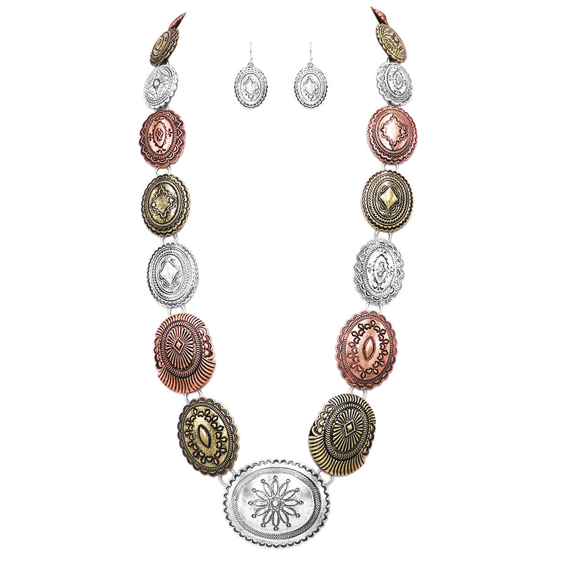 Cowgirl Chic Statement Western Tri Tone Concho Medallion Necklace Earrings Set, 30"+3" Extender