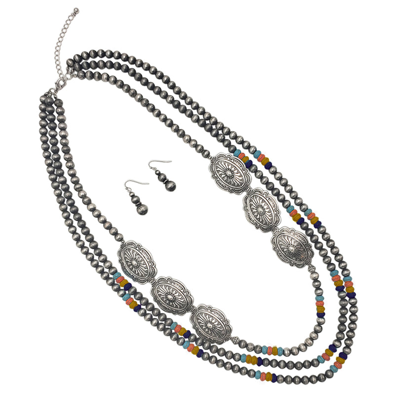 Chic Silver Tone Conchos On Extra Long Multi Strand Western Style Metallic Pearls With Howlite Beads Necklace Earrings Set, 30"+3" Extender (Multi)