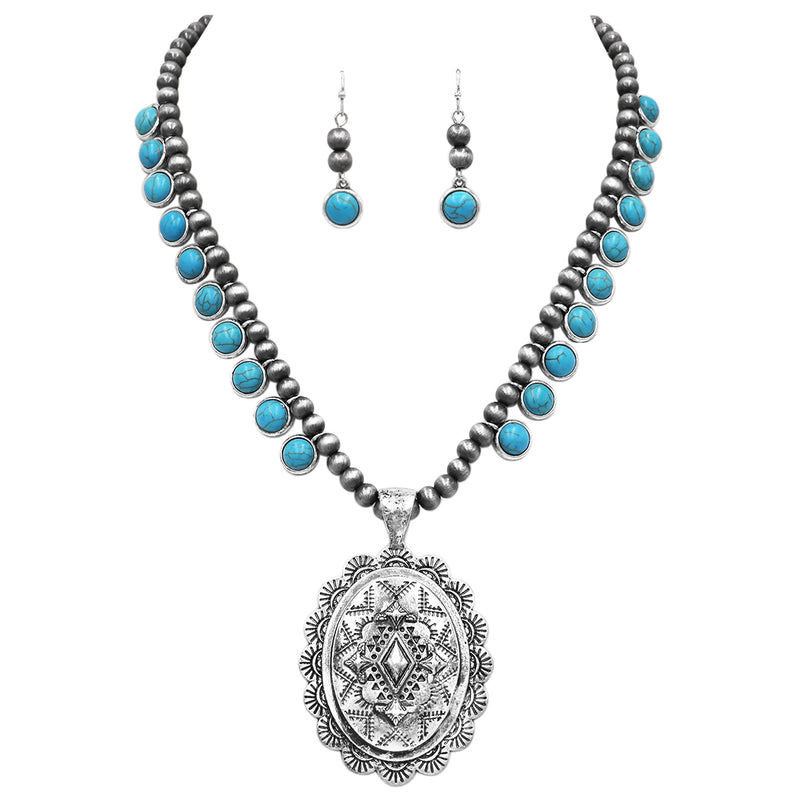 Cowgirl Chic Statement Western Concho Medallion On Metallic Navajo Pearl Necklace Earrings Set, 18"+3" Extender