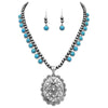 Cowgirl Chic Statement Western Concho Medallion On Metallic Navajo Pearl Necklace Earrings Set, 18"+3" Extender