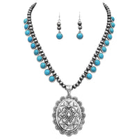 Cowgirl Chic Statement Western Concho Medallion On Metallic Navajo Pearl Necklace Earrings Set, 18"+3" Extender