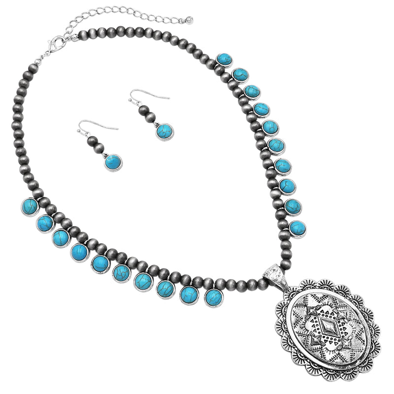 Cowgirl Chic Statement Western Concho Medallion On Metallic Navajo Pearl Necklace Earrings Set, 18"+3" Extender