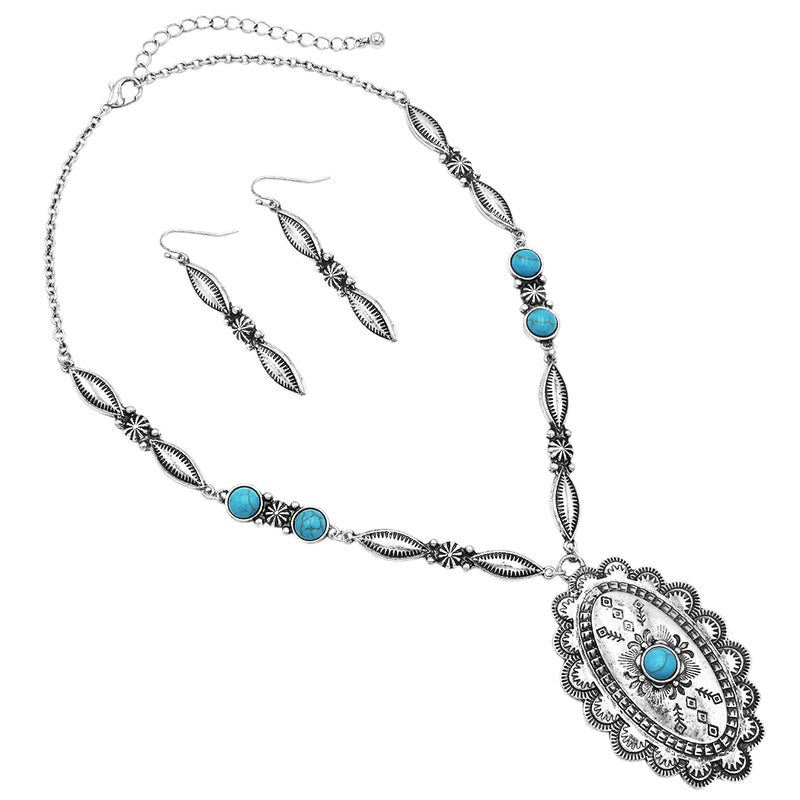 Burnished Silver Tone Vintage Western Style Decorative Concho Framed Turquoise Howlite Stone Necklace Earrings Gift Set, 18"+3" Extender