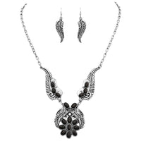 Chic Burnished Silver Tone Western Feather With Natural Semi Precious Howlite Stone Flower Necklace Earrings Set, 18"+3" Extender (Jet Black)