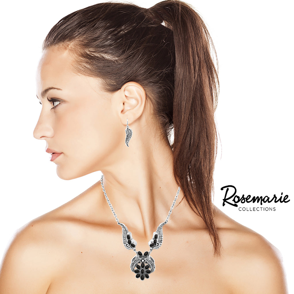 Rosemarie Collections Chic Burnished Silver Tone Western Feather with Natural Semi Precious Howlite Stone Flower Necklace Earrings Set, 18+3 Extender (Jet Black)