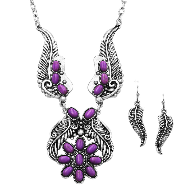 Chic Burnished Silver Tone Western Feather With Natural Semi Precious Howlite Stone Flower Necklace Earrings Set, 18"+3" Extender (Purple)