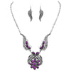 Chic Burnished Silver Tone Western Feather With Natural Semi Precious Howlite Stone Flower Necklace Earrings Set, 18"+3" Extender (Purple)