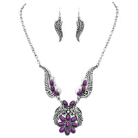 Chic Burnished Silver Tone Western Feather With Natural Semi Precious Howlite Stone Flower Necklace Earrings Set, 18"+3" Extender (Purple)