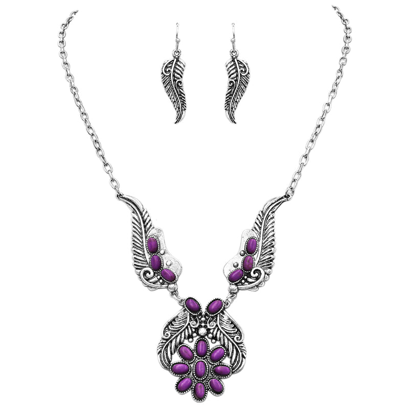 Chic Burnished Silver Tone Western Feather With Natural Semi Precious Howlite Stone Flower Necklace Earrings Set, 18"+3" Extender (Purple)