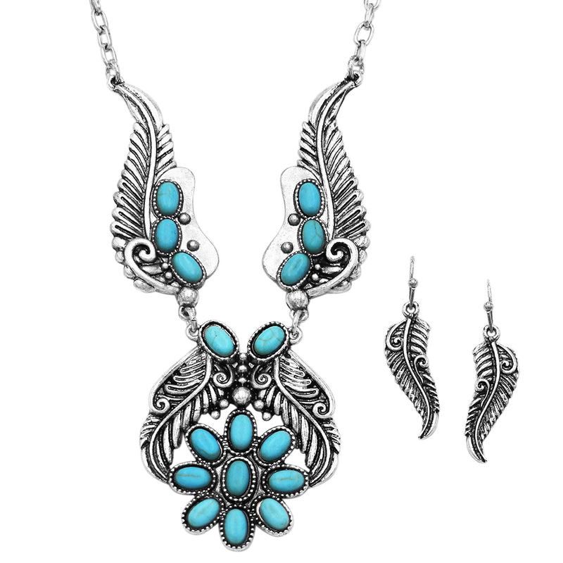 Chic Burnished Silver Tone Western Feather With Natural Semi Precious Howlite Stone Flower Necklace Earrings Set, 18"+3" Extender (Turquoise Blue)