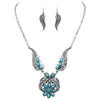 Chic Burnished Silver Tone Western Feather With Natural Semi Precious Howlite Stone Flower Necklace Earrings Set, 18"+3" Extender (Turquoise Blue)