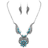 Chic Burnished Silver Tone Western Feather With Natural Semi Precious Howlite Stone Flower Necklace Earrings Set, 18"+3" Extender (Turquoise Blue)