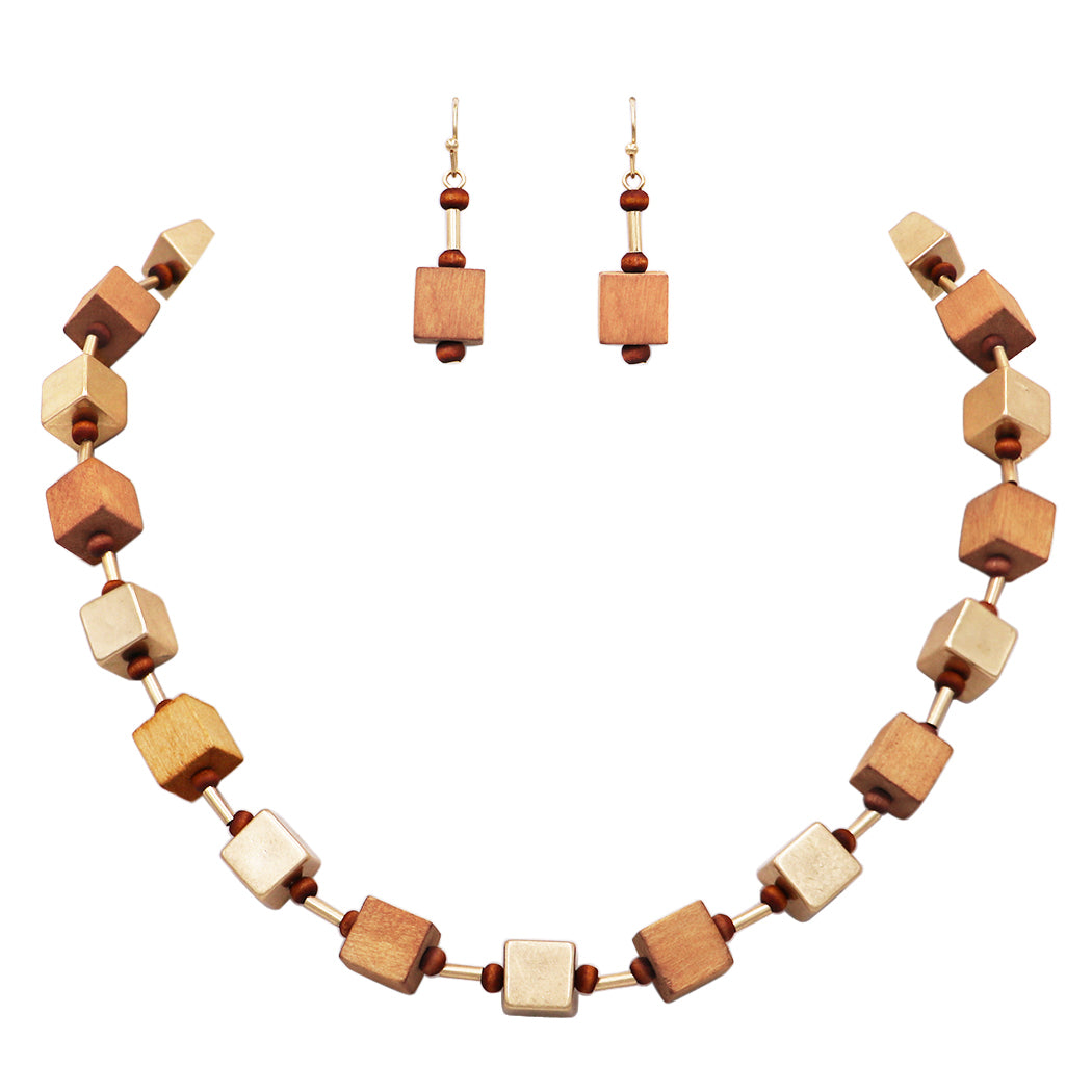 Chic Wooden Cube and Worn Gold Tone Square Bead Strand Necklace Earring Set, 18+3 Extender