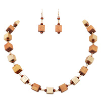 Chic Wooden Cube And Worn Gold Tone Square Bead Strand Necklace Earring Set, 18"+3" Extender