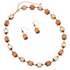 Chic Wooden Cube And Worn Gold Tone Square Bead Strand Necklace Earring Set, 18"+3" Extender