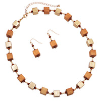 Chic Wooden Cube And Worn Gold Tone Square Bead Strand Necklace Earring Set, 18"+3" Extender