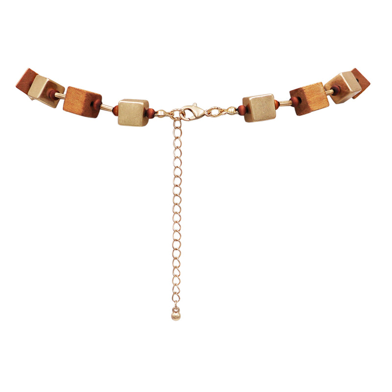 Chic Wooden Cube And Worn Gold Tone Square Bead Strand Necklace Earring Set, 18"+3" Extender