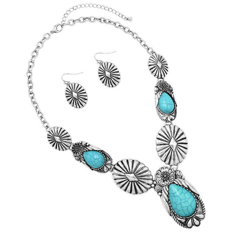 Women's Stunning Statement Vintage Western Style Semi Precious Howlite Stone Necklace Earring Gift Set, 18"+3" Extender (Turquoise Blue)