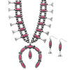 Colorful Natural Semi Precious Howlite Stone Statement Western Squash Blossom Necklace Earrings Set, 24"+3" Extension (Fuchsia Pink)