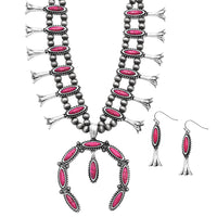 Colorful Natural Semi Precious Howlite Stone Statement Western Squash Blossom Necklace Earrings Set, 24"+3" Extension (Fuchsia Pink)