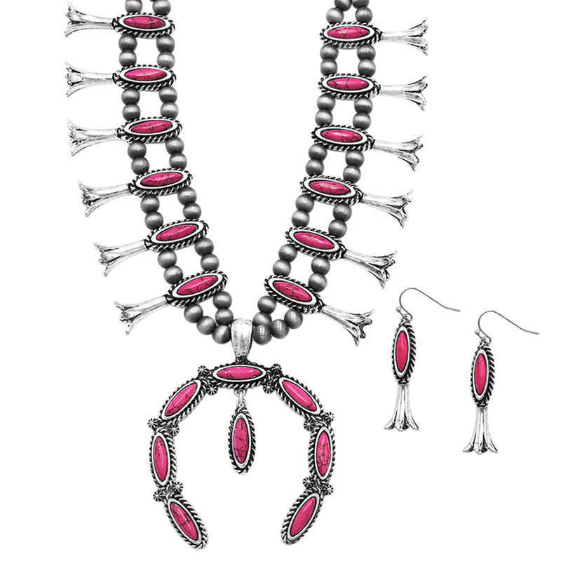 Colorful Natural Semi Precious Howlite Stone Statement Western Squash Blossom Necklace Earrings Set, 24"+3" Extension (Fuchsia Pink)