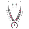 Colorful Natural Semi Precious Howlite Stone Statement Western Squash Blossom Necklace Earrings Set, 24"+3" Extension (Fuchsia Pink)
