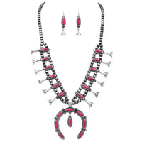 Colorful Natural Semi Precious Howlite Stone Statement Western Squash Blossom Necklace Earrings Set, 24"+3" Extension (Fuchsia Pink)