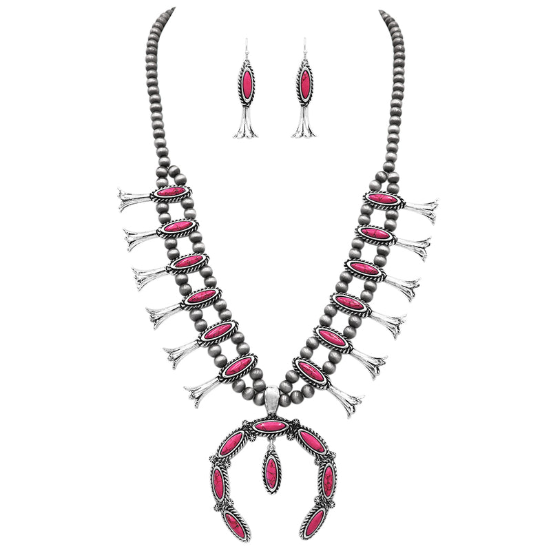 Colorful Natural Semi Precious Howlite Stone Statement Western Squash Blossom Necklace Earrings Set, 24"+3" Extension (Fuchsia Pink)