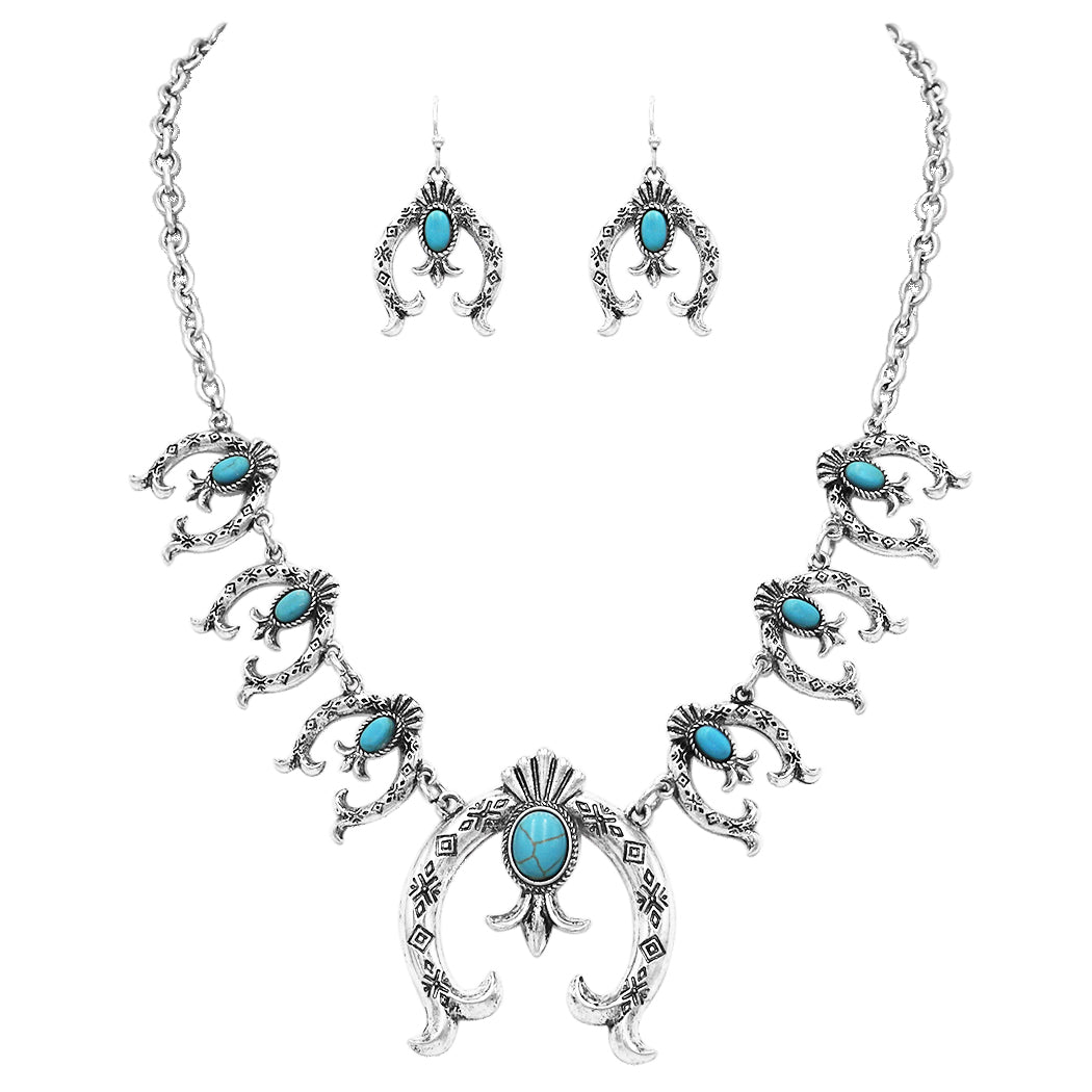 Cowgirl Chic Western Squash Blossom With Turquoise Stone Necklace Earrings Set, 18"+3" Extender