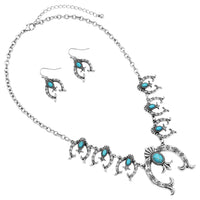 Cowgirl Chic Western Squash Blossom With Turquoise Stone Necklace Earrings Set, 18"+3" Extender