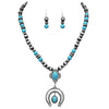 Cowgirl Chic Western Style Turquoise Howlite Squash Blossom On Silver Metallic Pearl Bead Necklace Earrings Set, 18"+3" Extension