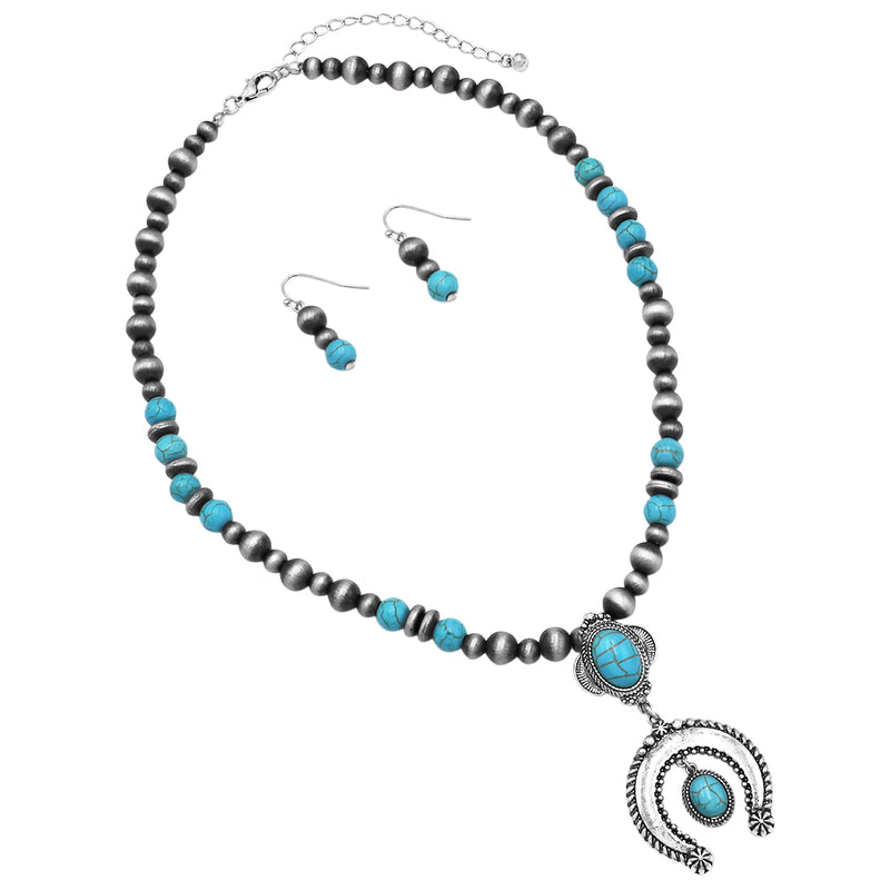 Cowgirl Chic Western Style Turquoise Howlite Squash Blossom On Silver Metallic Pearl Bead Necklace Earrings Set, 18"+3" Extension