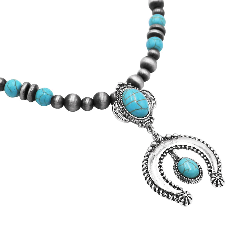 Cowgirl Chic Western Style Turquoise Howlite Squash Blossom On Silver Metallic Pearl Bead Necklace Earrings Set, 18"+3" Extension