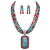 Cowgirl Chic Statement Burnished Silver Tone Rectangular Pendant On Multi Strand Western Style Metallic Pearl With Howlite Beads Necklace Earrings Set, 20"+3" Extender