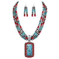 Cowgirl Chic Statement Burnished Silver Tone Rectangular Pendant On Multi Strand Western Style Metallic Pearl With Howlite Beads Necklace Earrings Set, 20"+3" Extender