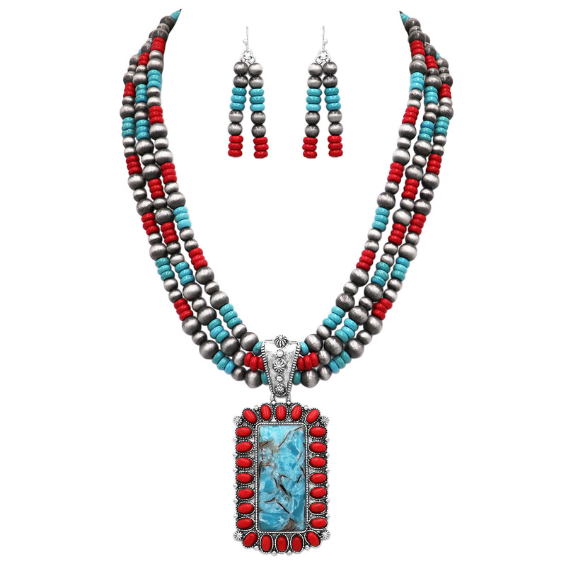 Cowgirl Chic Statement Burnished Silver Tone Rectangular Pendant On Multi Strand Western Style Metallic Pearl With Howlite Beads Necklace Earrings Set, 20"+3" Extender