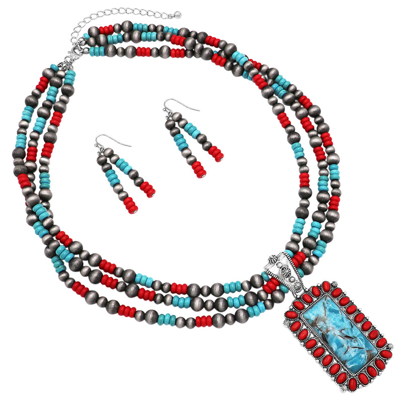 Cowgirl Chic Statement Burnished Silver Tone Rectangular Pendant On Multi Strand Western Style Metallic Pearl With Howlite Beads Necklace Earrings Set, 20"+3" Extender