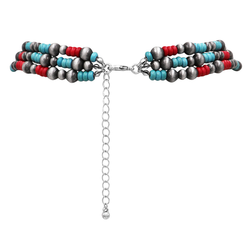 Cowgirl Chic Statement Burnished Silver Tone Rectangular Pendant On Multi Strand Western Style Metallic Pearl With Howlite Beads Necklace Earrings Set, 20"+3" Extender