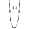 Chic Western Charms On Metallic Silver Tone Pearls With Turquoise Howlite Beads Strand Necklace And Earrings Set, 36"+3" Extender (Conchos)