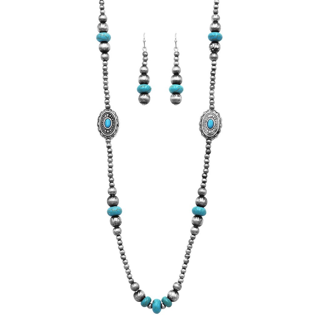 Rosemarie Collections Chic Western Charms on Metallic Silver Tone Pearls with Turquoise Howlite Beads Strand Necklace and Earrings Set, 36+3 Extender (Conchos)