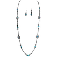 Chic Western Charms On Metallic Silver Tone Pearls With Turquoise Howlite Beads Strand Necklace And Earrings Set, 36"+3" Extender (Conchos)