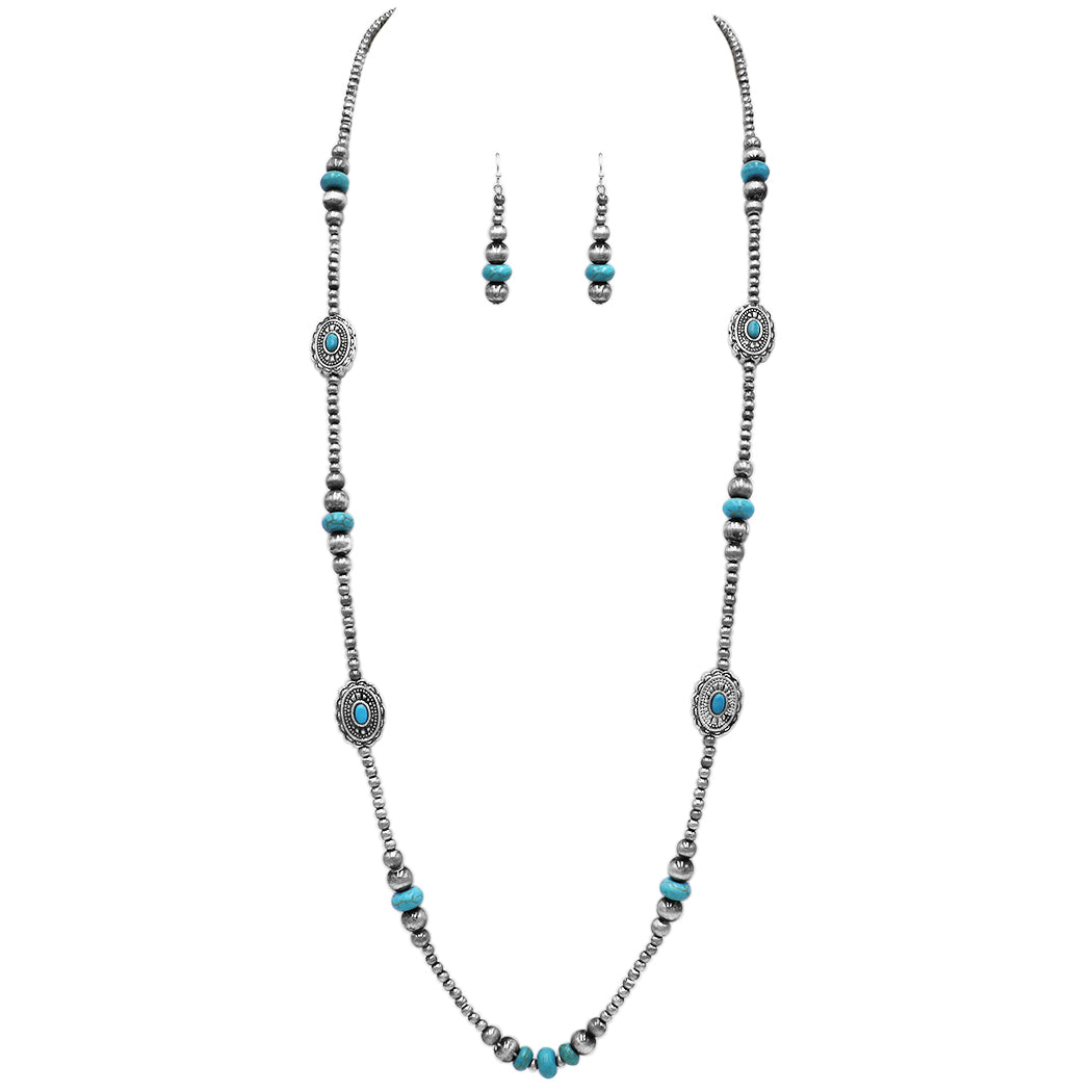 Rosemarie Collections Chic Western Charms on Metallic Silver Tone Pearls with Turquoise Howlite Beads Strand Necklace and Earrings Set, 36+3 Extender (Conchos)